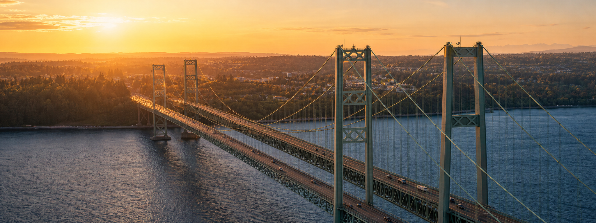 Tacoma Narrows Bridge at sunset